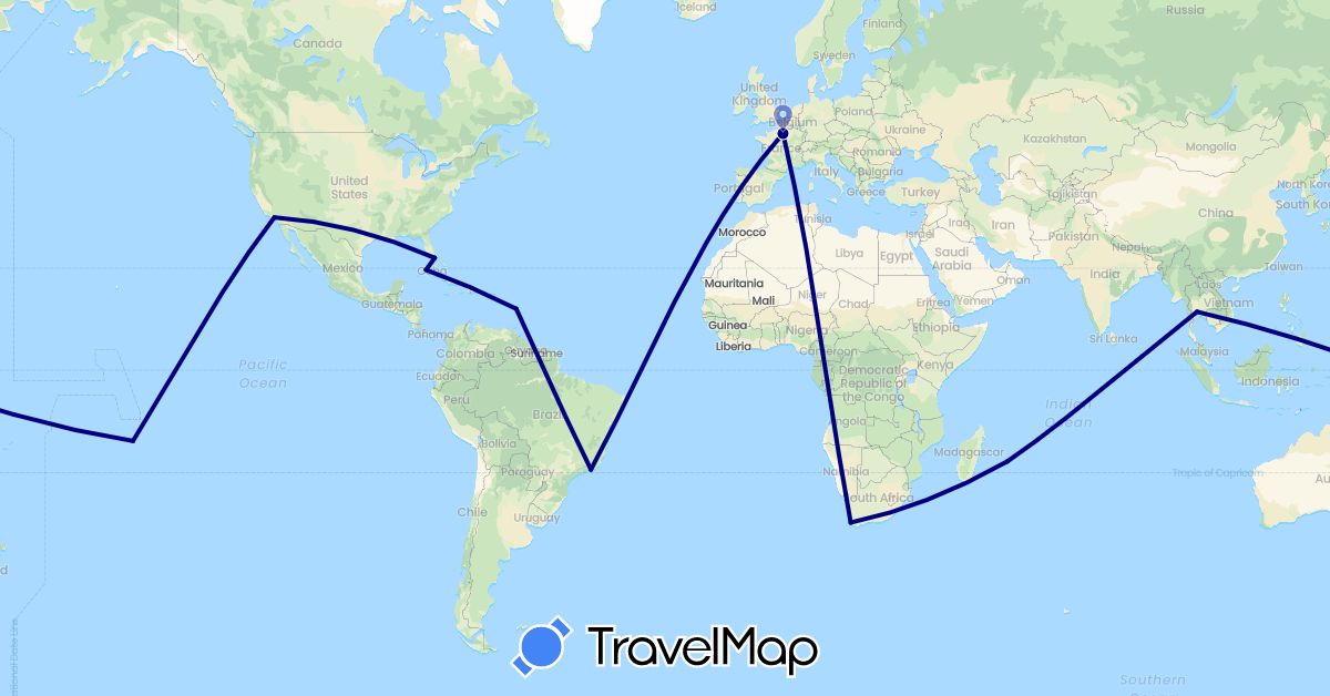 TravelMap itinerary: driving in Brazil, Cuba, France, Martinique, French Polynesia, Réunion, Thailand, United States, South Africa (Africa, Asia, Europe, North America, Oceania, South America)