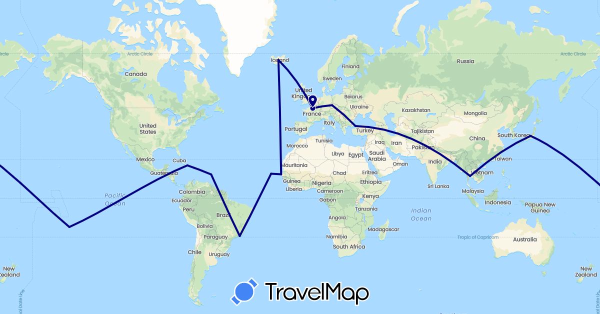 TravelMap itinerary: driving in Brazil, Cuba, Cape Verde, Czech Republic, France, Iceland, Japan, Martinique, French Polynesia, Senegal, Thailand, Turkey (Africa, Asia, Europe, North America, Oceania, South America)
